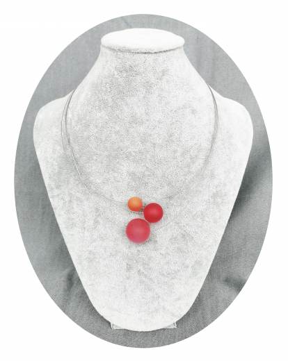 OLA4002- 3 reihige feine Halskette, 3 Perlen aus Kunstharz, rot,rot,orange
