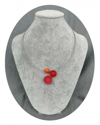 OLA4002- 3 reihige feine Halskette, 3 Perlen aus Kunstharz, rot,rot,orange