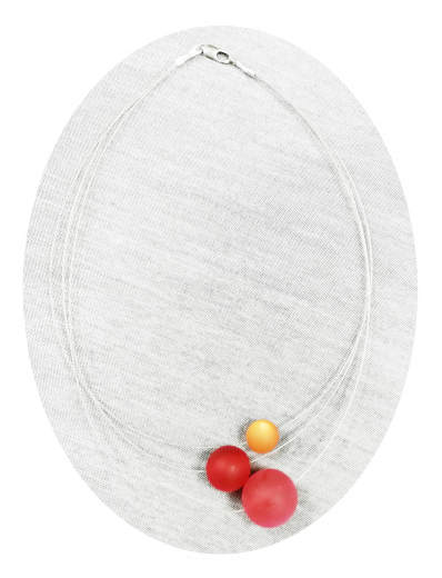 OLA4002- 3 reihige feine Halskette, 3 Perlen aus Kunstharz, rot,rot,orange