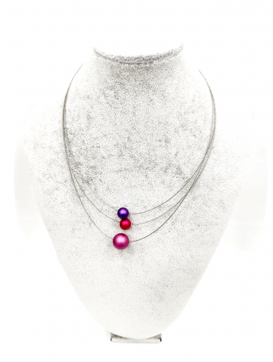 OLA5005- 3 reihige feine Halskette, 3 Perlen aus elox. Alu, Farbe:lila,rot,pink