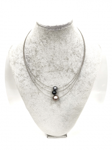 OLA5010- 3 reihige feine Halskette, 3 Perlen aus elox. Alu, Farbe:grau,antrazit,schlamm