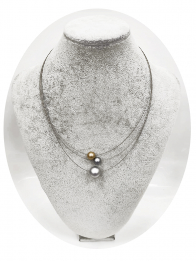 OLA5011- 3 reihige feine Halskette, 3 Perlen aus elox. Alu, Farbe:silber,grau,gold