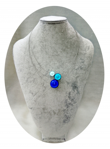 OLA6006- 3 reihige feine Halskette, 3 Magic Perlen, royalblau, türkis, hellblau