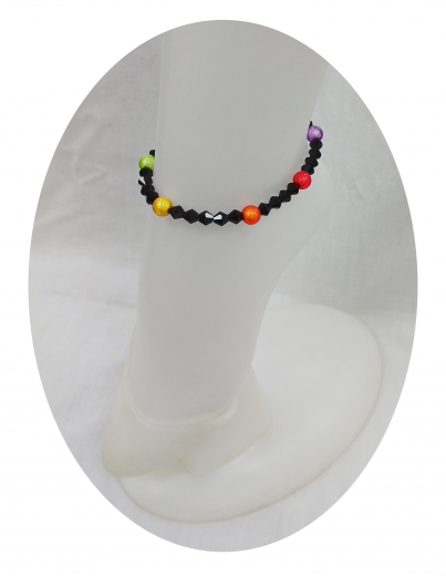 FMP1001- Fusskette aus Magic Perlen, 3D Effekt Regenbogen 8mm + schwarz kristall