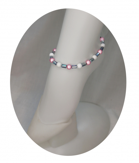FMP2002- Fusskette aus Magic Perlen, Rosa+Weiss 8mm + kristall