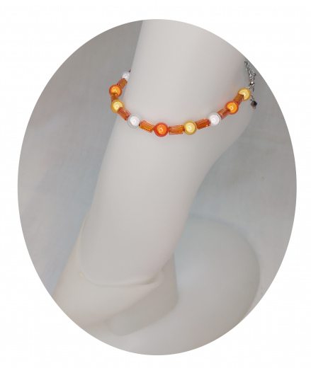 FMP2007- Fusskette aus Magic Perlen, orange, gold+Weiss 8mm + kristall