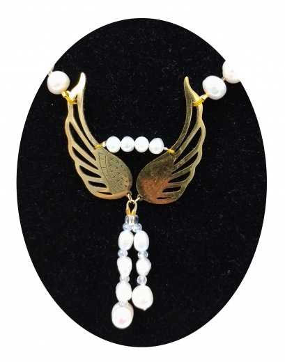 MY1001- Collier Süsswasserperlen ca 7-8 # mit goldigem Engelflügel Edelstahl,+ Ohrring