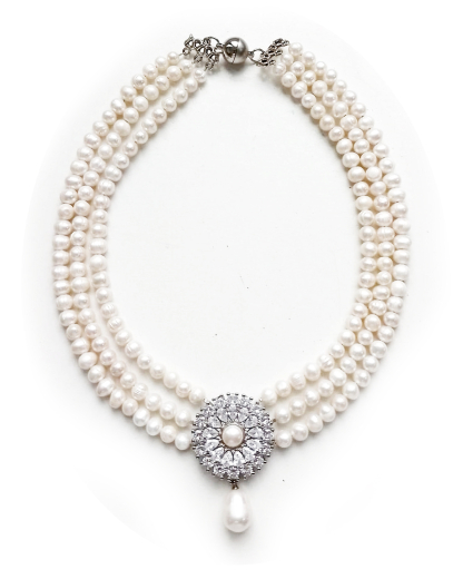 MY3001- 3 Reihe Süsswasserperlen ca 7-8# Anhänger Weißgold beschichtet, Magnet