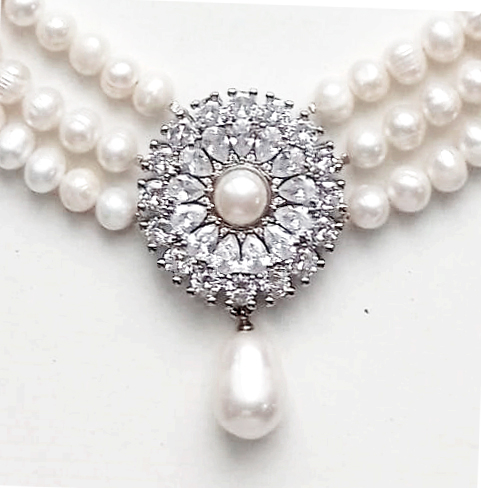 MY3001- 3 Reihe Süsswasserperlen ca 7-8# Anhänger Weißgold beschichtet, Magnet