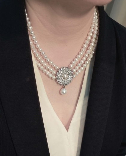 MY3001- 3 Reihe Süsswasserperlen ca 7-8# Anhänger Weißgold beschichtet, Magnet