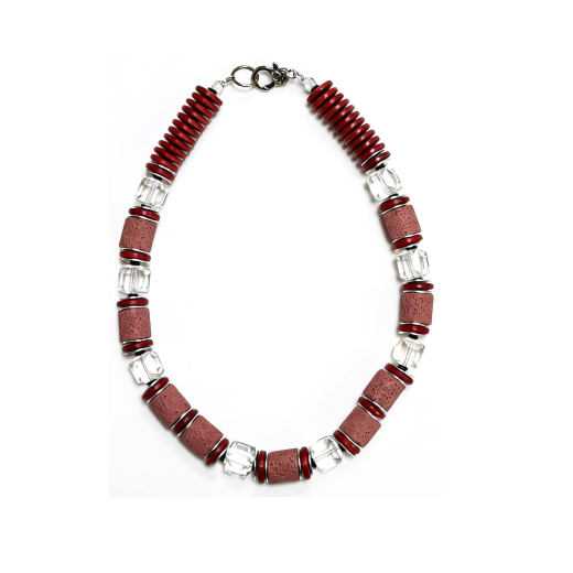 CAY1006- Kette aus Holzscheiben in Rot, Kristall und Color Lava in Rot
