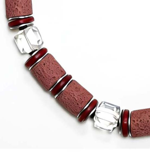 CAY1006- Kette aus Holzscheiben in Rot, Kristall und Color Lava in Rot