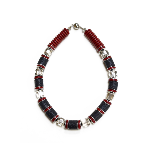 CAY1007- Kette aus Holzscheiben in Rot, Kristall und Color Lava in Braun