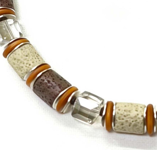 CAY1008- Kette aus Holzscheiben in Braun, Kristall und Color Lava in Braun & Beige