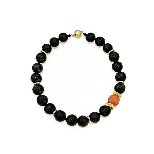 KLS7001- Collier aus Lava & Coralle mit goldigen Elementen Kugelform