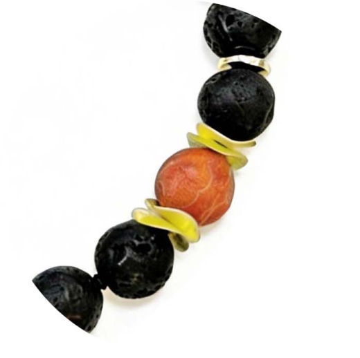 KLS7001- Collier aus Lava & Coralle mit goldigen Elementen Kugelform