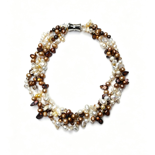 SAWA8007- 4 reihige weiß, braune Töne aus Süsswasserperlen ca 6-8 mm mit Magnetverschluss