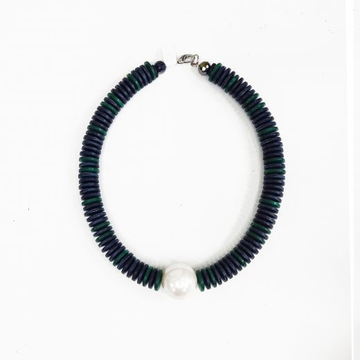 CLMA003- Kette aus Holzscheiben im grün, Blau mit weißen Kugel