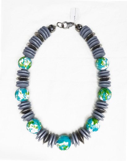 RIC2001- Kette aus Holzscheiben grau, Galaxy Kugel 20mm