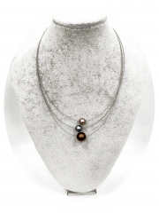 OLA5009- 3 reihige feine Halskette, 3 Perlen aus elox. Alu, Farbe:braun,grau,braun