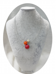 OLA6003- 3 reihige feine Halskette, 3 Magic Perlen, rot, orange, beige