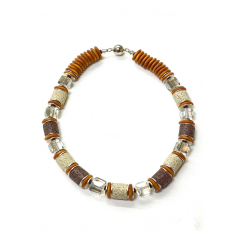 CAY1008- Kette aus Holzscheiben in Braun, Kristall und Color Lava in Braun & Beige